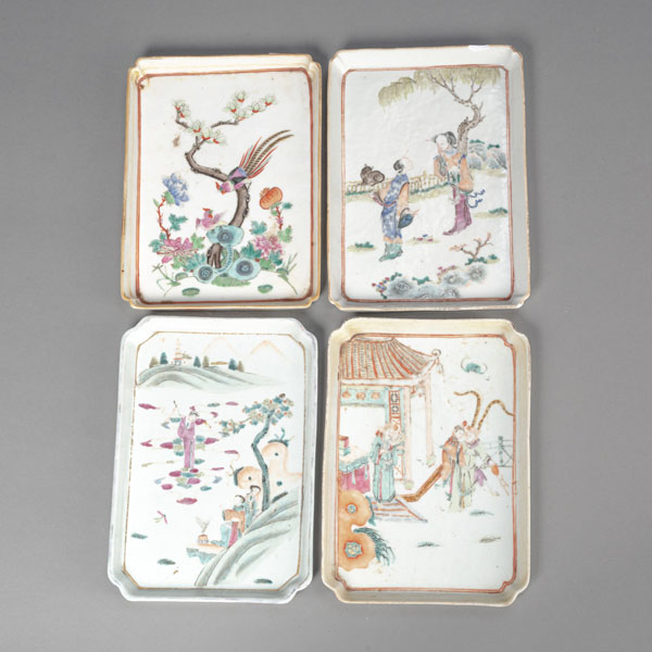 <b>FOUR 'FAMILLE ROSE' FIGURAL AND BIRDS PORCELAIN TRAYS</b>
