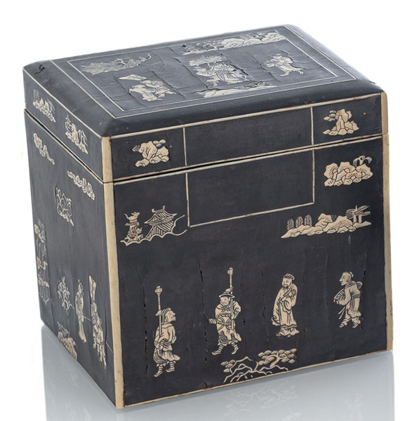 <b>A BLACK-LACQUERED BOX AND COVER WITH FIGURAL BONE INLAYS</b>