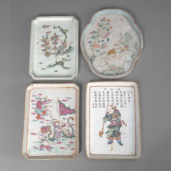 <b>FOUR 'FAMILLE ROSE' FIGURAL PORCELAIN TRAYS</b>