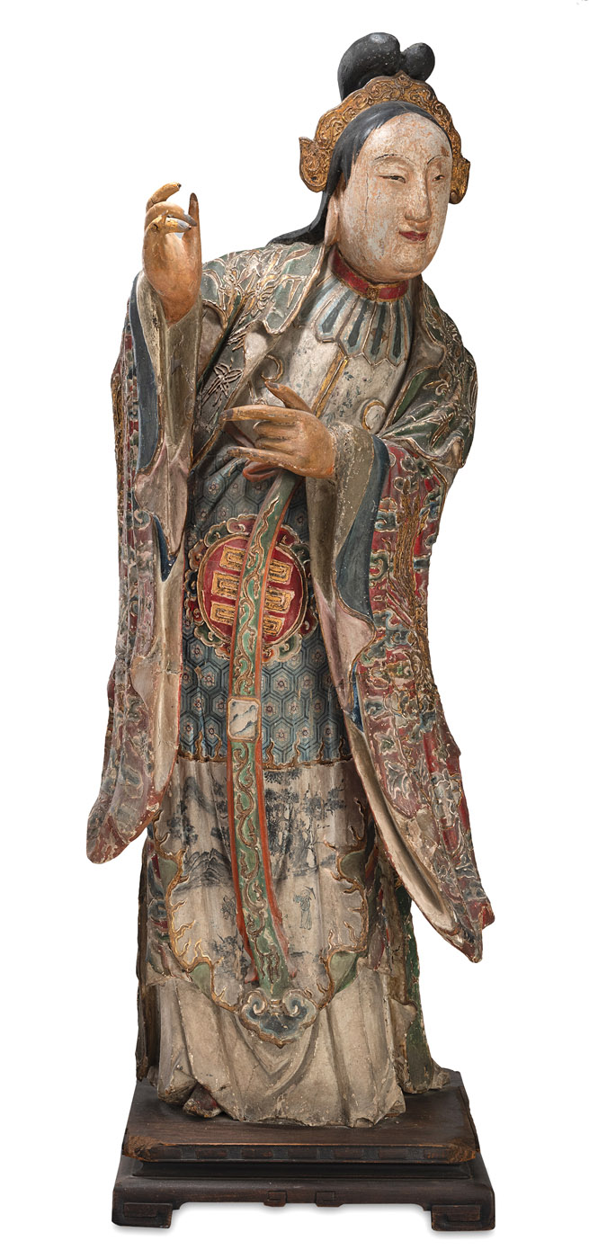 <b>Große Figur einer Dame aus Holz mit polychromer und goldfarbener Stuckfassung</b>