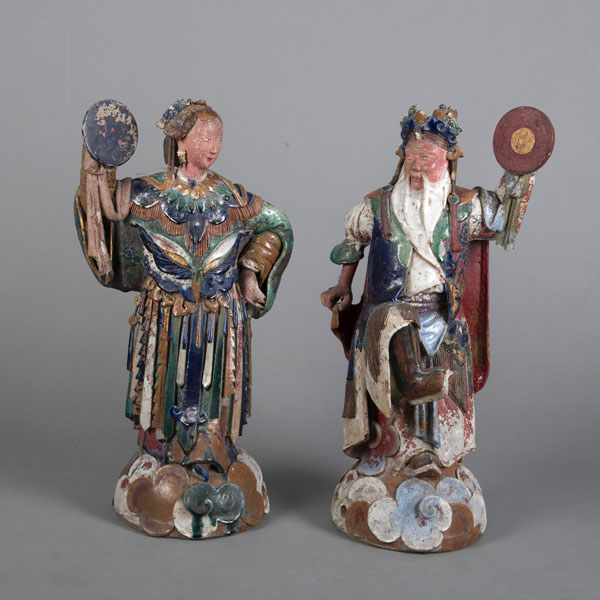 <b>TWO LARGE POLYCHROME PAINTED SHIWAN STONEWARE SCULPTURES OF THEARTER FIGURS</b>