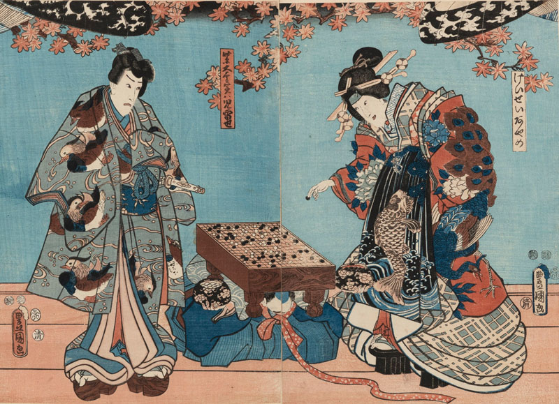 <b>Drei Oban tate-e und ein Diptychon von diversen Künstlern u.a Toyokuni III, eine Doppelbuchseite von Matsukawa Hanzan und zwei kleine Albumblätter mit erotischen Sujets</b>