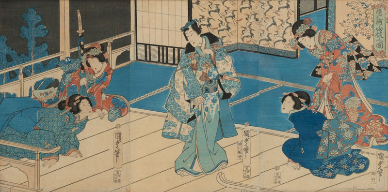 <b>Triptychon des Utagawa Kunisada II (1823-1880) mit Darstellung einer Romanszene</b>