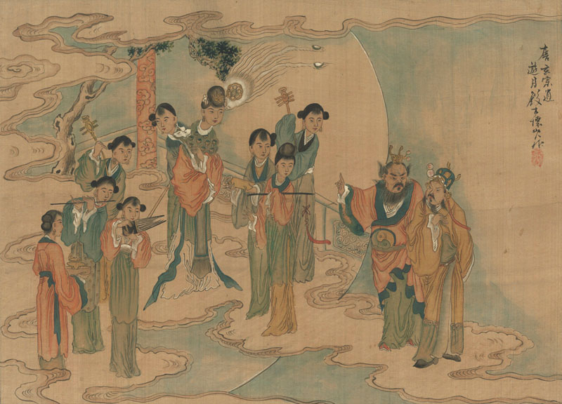 <b>A PAINTING DEPICTING A NOVEL SCENE 'TANG XUANZONG'S VISIT TO HEAVEN', MOUNTED AS AN ALBUM LEAF</b>