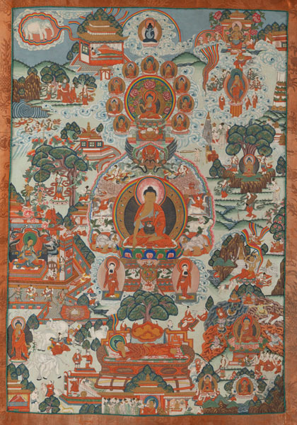 <b>Thangka des Buddha Shakyamuni, umgeben von Szenen seines Lebens</b>