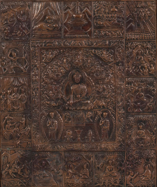 <b>Repoussé-Reliefthangka aus Kupfer mit Darstellung von Buddhas Lebensstationen</b>
