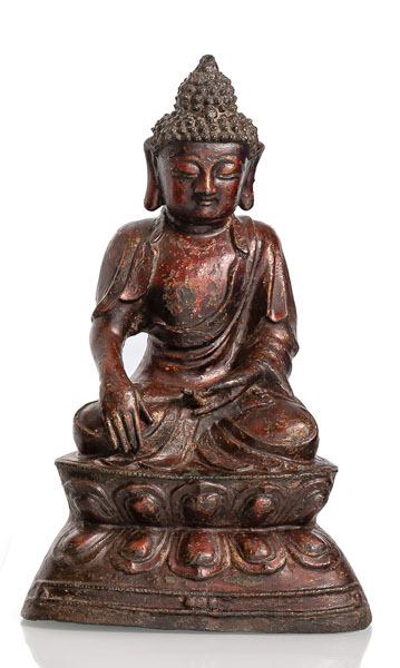 <b>Bronze des Buddha Shakyamuni auf einem Lotus im Meditationssitz mit Lackauflage und Vergoldung</b>