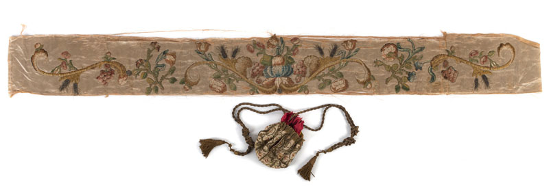 <b>A BAG AND A FRAGMENT SILK PIECE WITH FINE EMBROIDERIES</b>