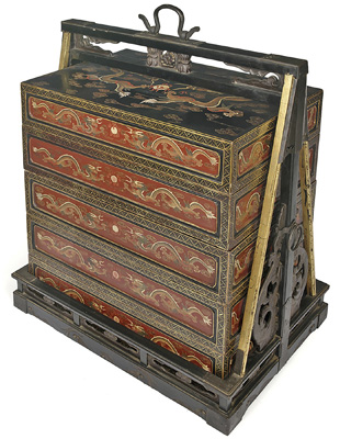 <b>(vorgesehen für Frühjahr 2023) Fünfstufiger Transportbehälter mit Drachendekor in polychromer Lackmalerei</b> <b>(vorgesehen für Frühjahr 2023) Fünfstufiger Transportbehälter mit Drachendekor in polychromer Lackmalerei</b>