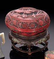 <b>A WELL CARVED CINNABAR LACQUER BOX AND COVER ON ORIGINAL STAND</b>