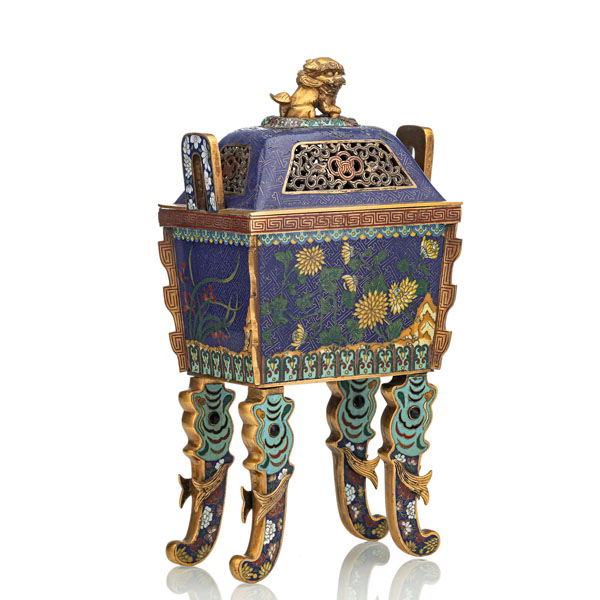 <b>A PART-GILT CLOISONNÉ ENAMEL CENSER 'FANG DING' WITH LION FINIAL</b>