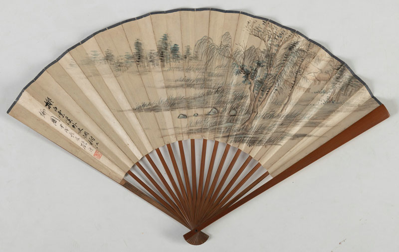 <b>A BAMBOO FAN WITH A LANDSCAPE PAINTING AND CALLIGRAPHY AND A MOUNTED RIVER LANDSCAPE PAITING. INK AND COLORS ON PAPER</b>