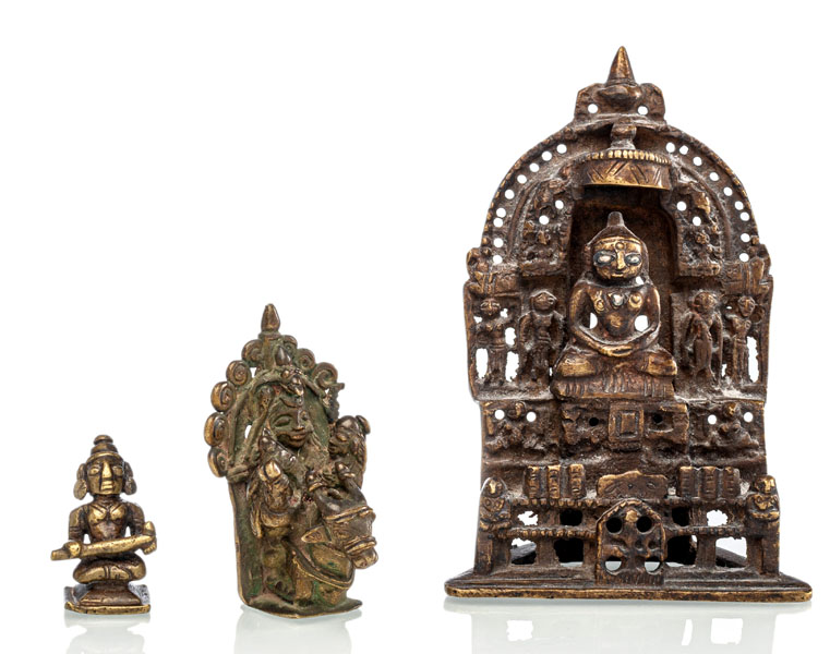 <b>THREE BRONZE FIGURES OF A JAIN TIRTHANKARA AND TWO SAINTS</b>