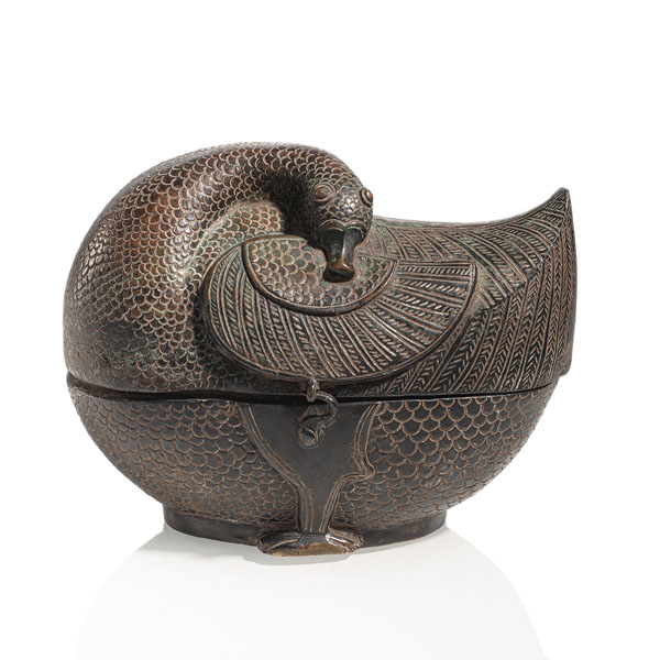 <b>A BRONZE BOX AND COVER IN THE SHAPE OF A RESTING DUCK</b>