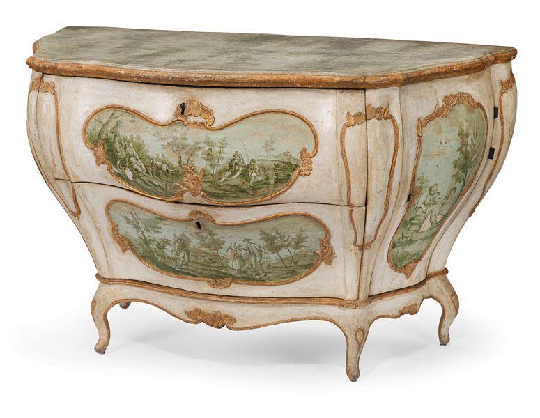 <b>A NORTH ITALIAN POLYCHROME DECORATED BOMBE COMMODE</b>