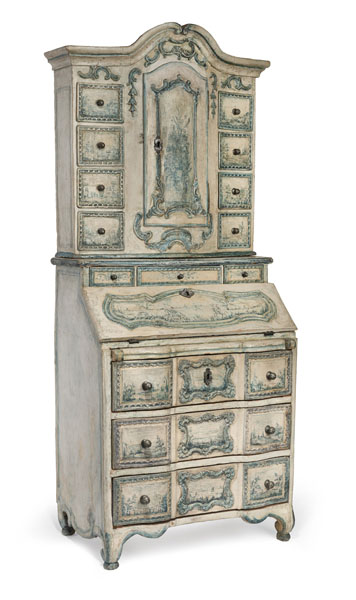 <b>A WHITE AND BLUE PAINTED AN TIN MOUNTED CARVED SOFTWOOD SECRETAIRE-A-DEUX-CORPS</b>