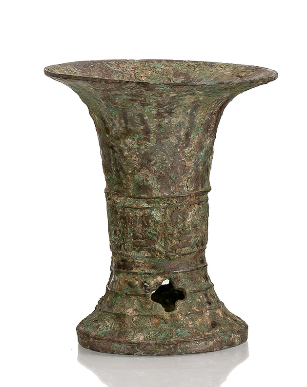 <b>A GU-SHAPED BRONZE VASE PARTLY GREEN CORRODED</b>