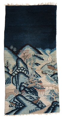 <b>TWO BLUE-GROUND CARPETS DEPICTING MOUNTAIN AND RIVER LANDSCAPES WITH PAVILIONS, BRIDGES AND FISHING BOATS</b>