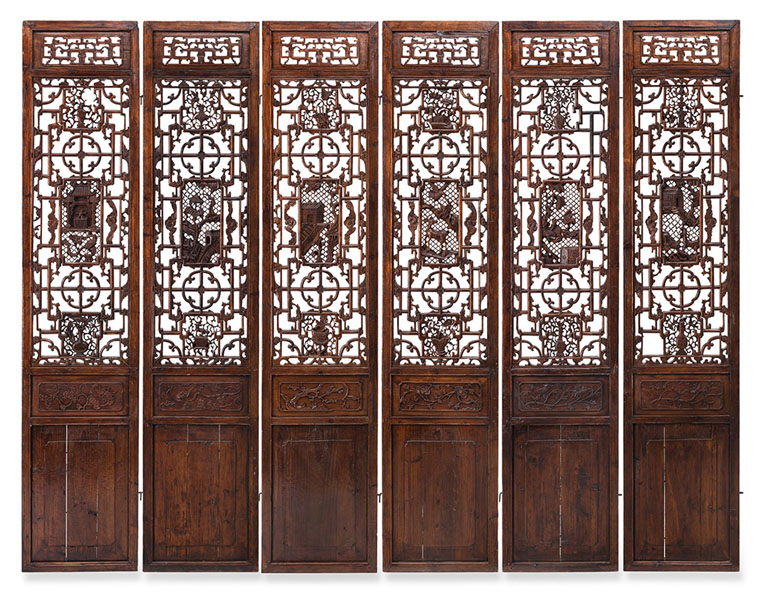 <b>SIX-PIECE WOODEN FOLDING SCREEN, PARTLY OPENWORK CARVED WITH LANDSCAPE, ANTIQUES AND ORNAMENTS</b>