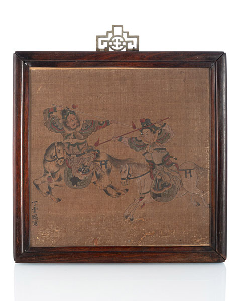 <b>A SILK PAINTING DEPICTING A BATTLE SCENE BETWEEN TWO WARRIORS FROM THE 'ROMANCE OF THE THREE KINGDOMS'</b>