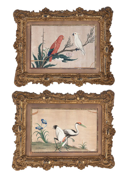 <b>TWO PITH PAINTINGS: A PAIR OF CRANES AND PARROTS</b>