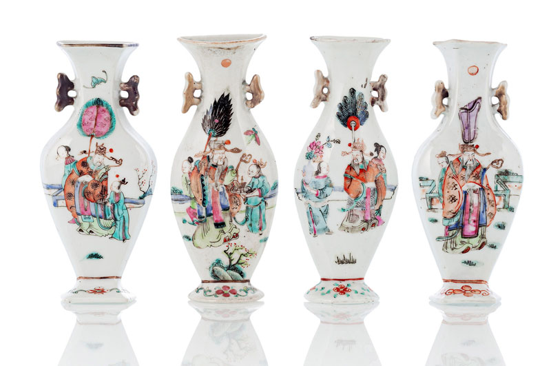 <b>FOUR SMALL 'FAMILLE ROSE' PORCELAIN WALL VASES DEPICTING GODS OF LUCK</b>