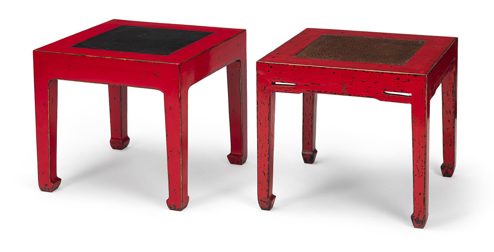 <b>TWO SQUARE WOODEN STOOLS, PARTLY RED LACQUERED</b>