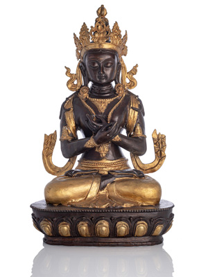 <b>Partiell vergoldete Bronze des Bodhisattva Vajrasattva auf einem Lotos sitzend</b>