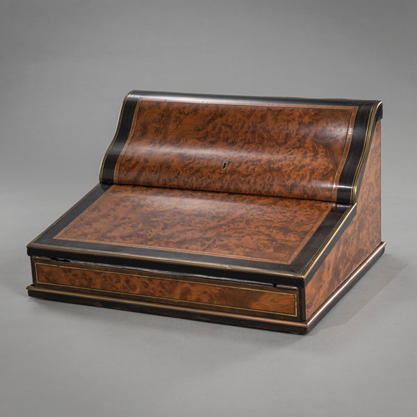 <b>AN ENGLISH BRASS MOUNTED TUJA EBONY AND KINGWOOD WRITING CASE</b>