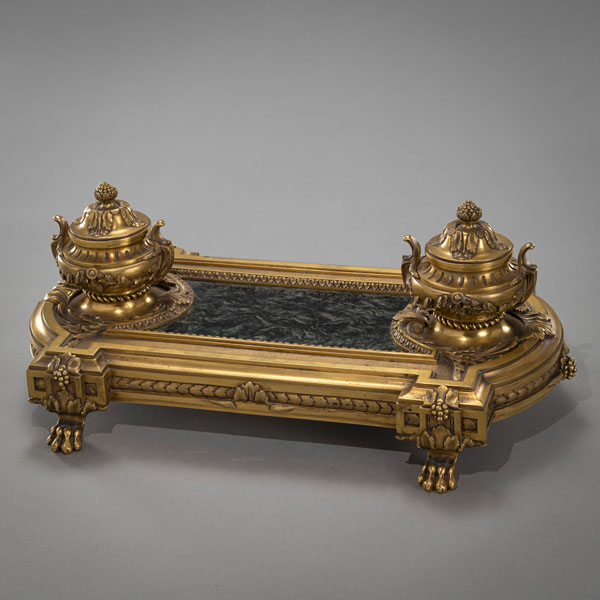 <b>A FRENCH PAUL SORMANI ORMOLU AND MARBLE INK STAND</b>