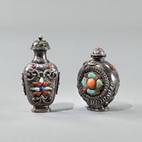 <b>TWO STONE- AND CORAL- INLAID SILVER SNUFFBOTTLES</b>