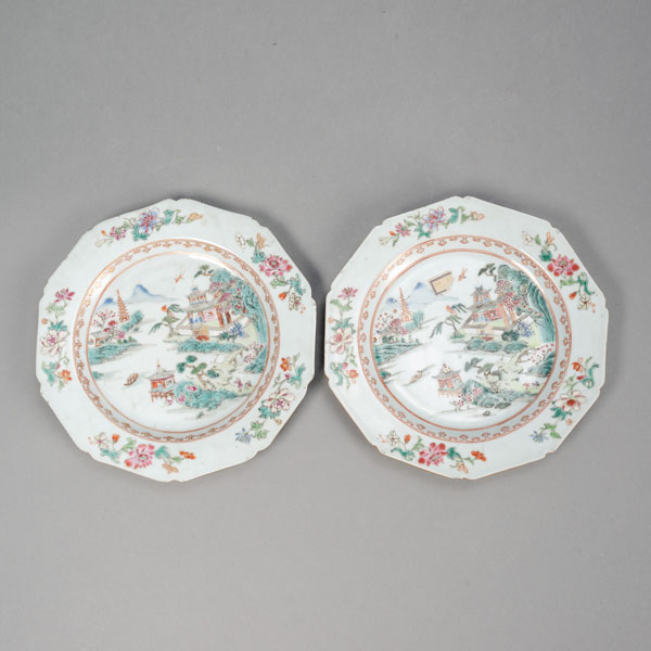 <b>TWO HEXAGONAL 'FAMILLE ROSE' DISHES DEPICTING A SEA LANDSCAPE WITH A PAGODA</b>