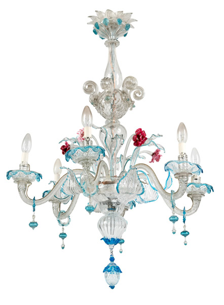 <b>A VENETIAN POLYCHROME MURANO GLASS SIX-LIGHT CHANDELIER</b>