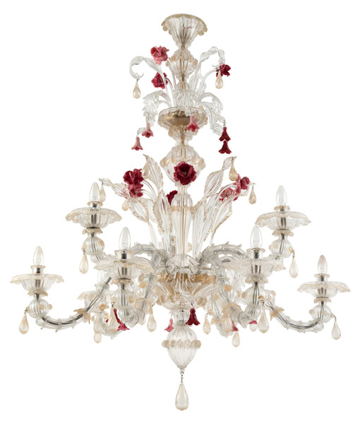 <b>A VENETIAN POLYCHROME MURANO GLASS NINE LIGHT CHANDELIER</b>