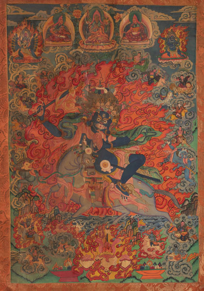<b>A THANGKA DEPICTING PELDEN LHAMO ON A MULE AND A PRAYER FLAG WITH SIX REPRESENTATION OF A HERUKA</b>