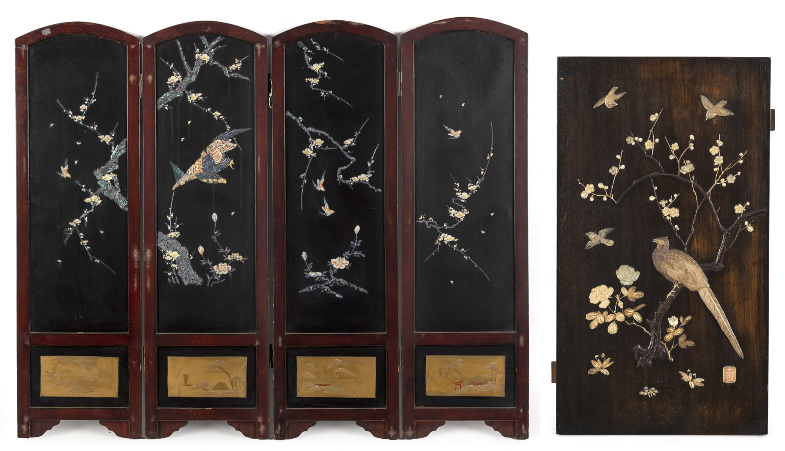 <b>A FOUR-PART MOTHER-OF-PEARL-INLAID FOLDING SCREEN AND A BONE- AND MOTHER-OF-PEARL-INLAID WOOD PANEL</b>