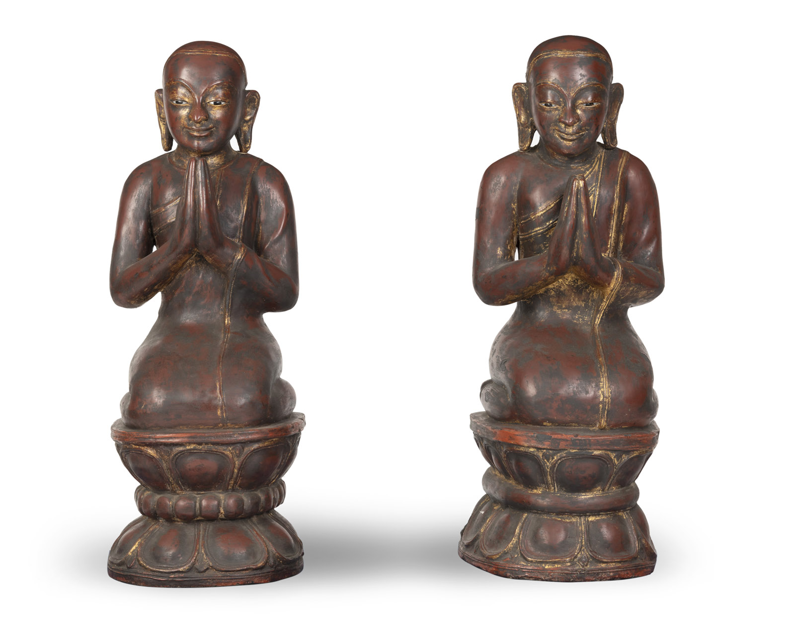 <b>A RED LACQUERED WOOD PAIR OF MONKS</b>