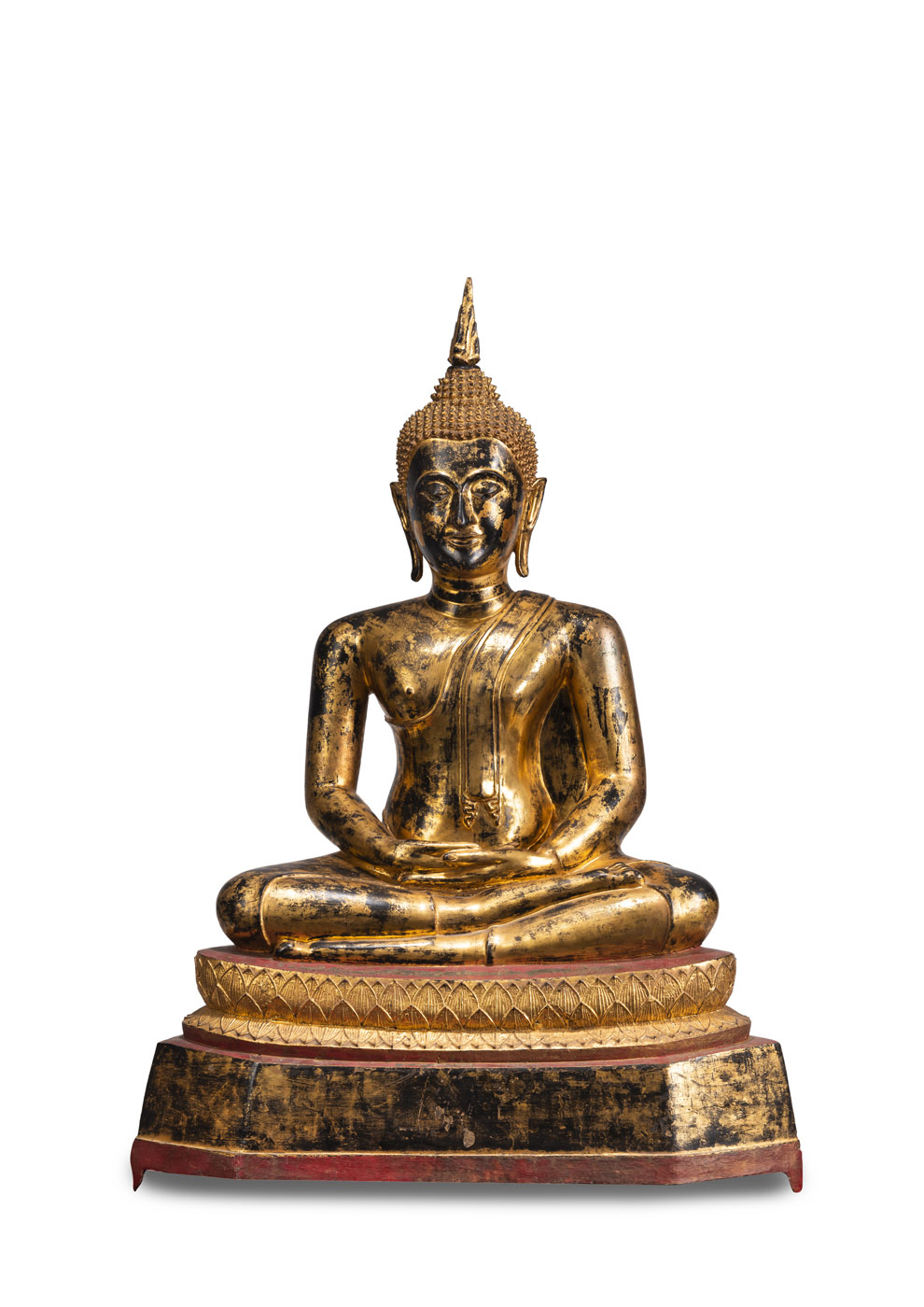 <b>Bronze des Buddha Shakyamuni mit goldfarbener und roter Lackfassung</b>