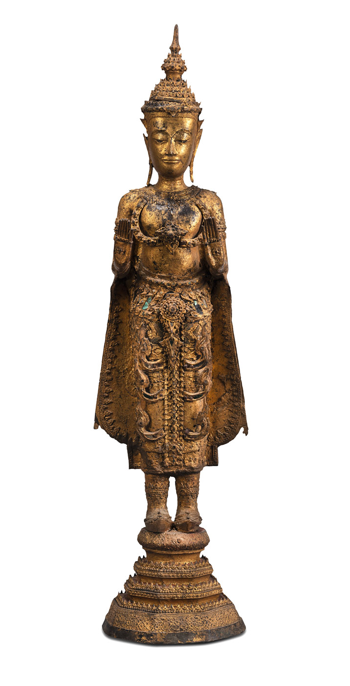 <b>Bronze des Buddha Paree mit goldfarbener und schwarzer Lackfassung</b>