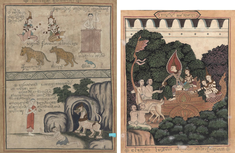 <b>TWO PAINTINGS FROM THE LIFE OF THE BUDDHA (JATAKA) AND FROM A BUDDHIST TEXTBOOK. COLORS AND GOLD LEAF ON PAPER AND FABRIC</b>
