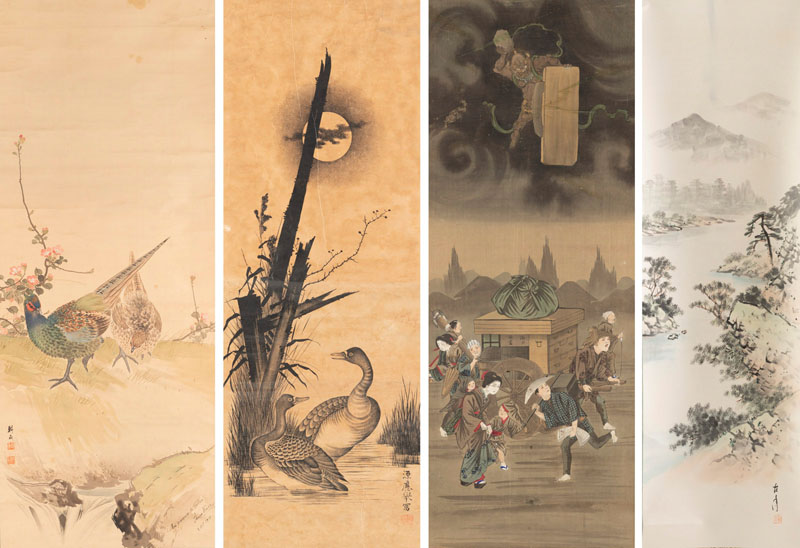 <b>FOUR HANGING SCROLLS WITH DIFFERENT DEPICTIONS: ESCAPE FROM THE RAIN, A RIVER LANDSCAPE, A PAIR OF PHEASANTS AND A PAIR OF DUCKS UNDER A FULL MOON</b>