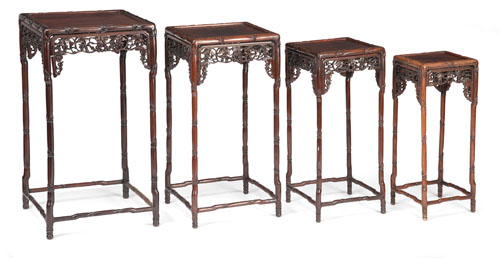 <b>SET OF FOUR NESTING TABLES WITH FLORAL APRONS</b>