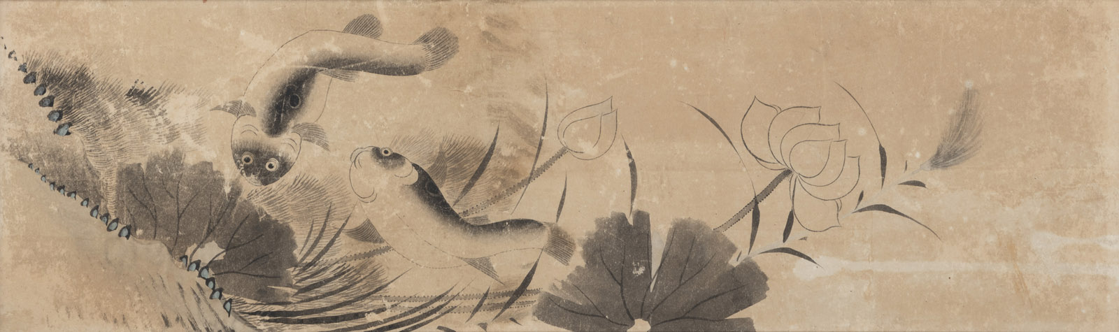 <b>Anonymer Maler mit Darstellung von Paar Welsen an einem Ufer mit Lotusblumen, Tusche auf Papier</b>