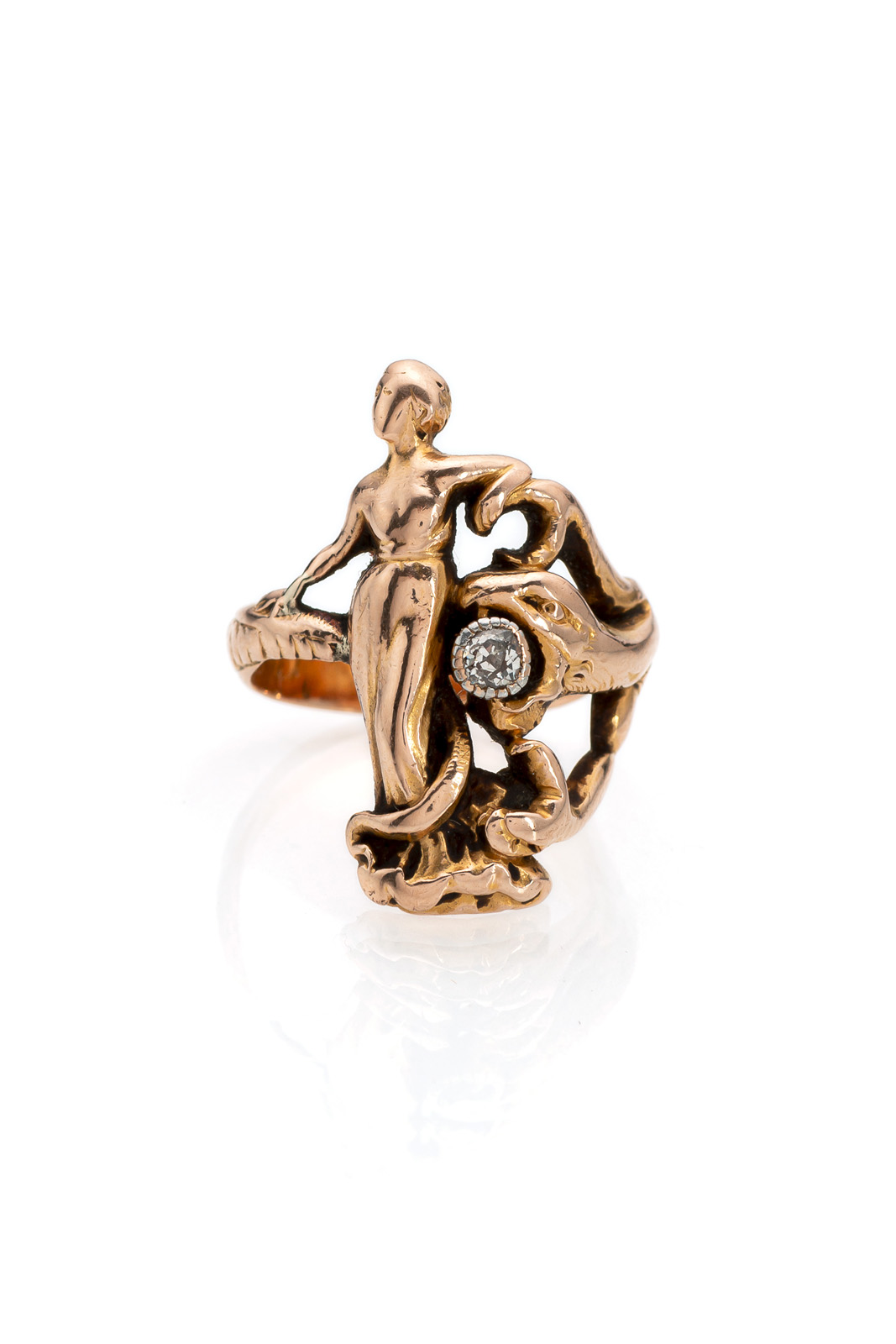 <b>AN ART NOUVEAU GOLD RING WITH EVE AND THE SNAKE</b>