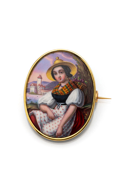 <b>A SWISS ENAMELLED BROOCH WITH A YOUNG WOMAN</b>