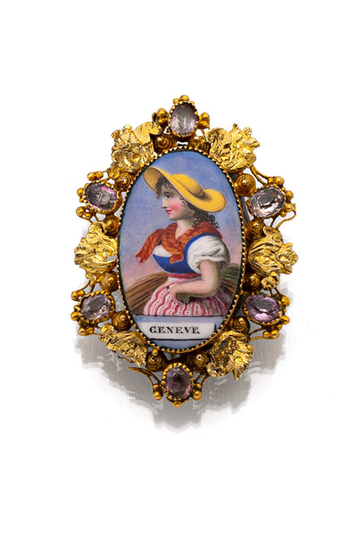 <b>A SWISS ENAMELLED BROOCH WITH A GIRL FROM GENEVA</b>