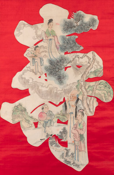 <b>'Shou'-Zeichen-Malerei mit Darstellung von Shoulao und Magu auf einem roten Seidenhintergrund</b>