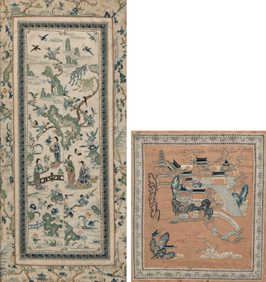 <b>TWO EMBROIDERED SILK PANELS WITH LANDSCAPE AND FIGURES</b>