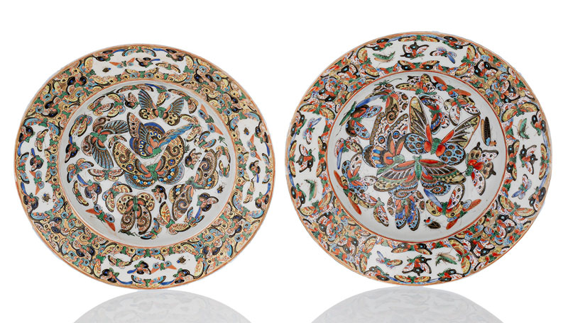 <b>TWO FINELY PAINTED DEEP 'HUNDRED BUTTERFLIES' DISHES</b>