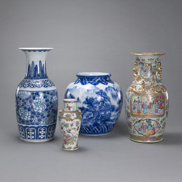 <b>TWO CANTON 'FAMILLE ROSE' VASES WITH PALACE SCENES AND TWO UNDERGLAZE BLUE VASES WITH LANDSCAPE AND FLORAL DECORATION</b>
